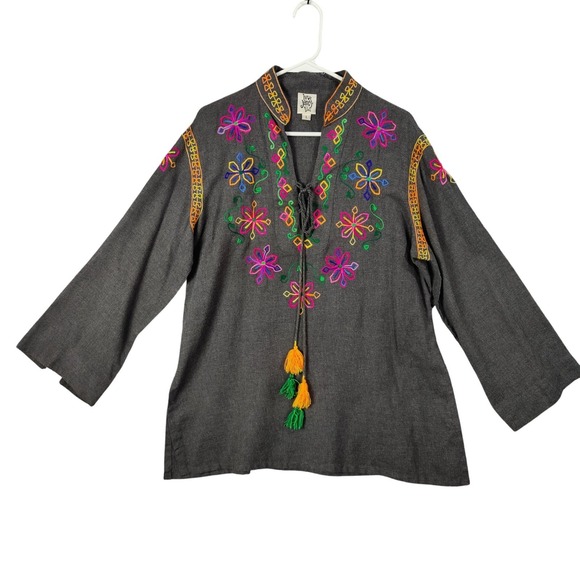 ivy jane Tops - Ivy Jane Women Boho Cottagecore Tunic Top L Gray Embroidered Peasant Blouse